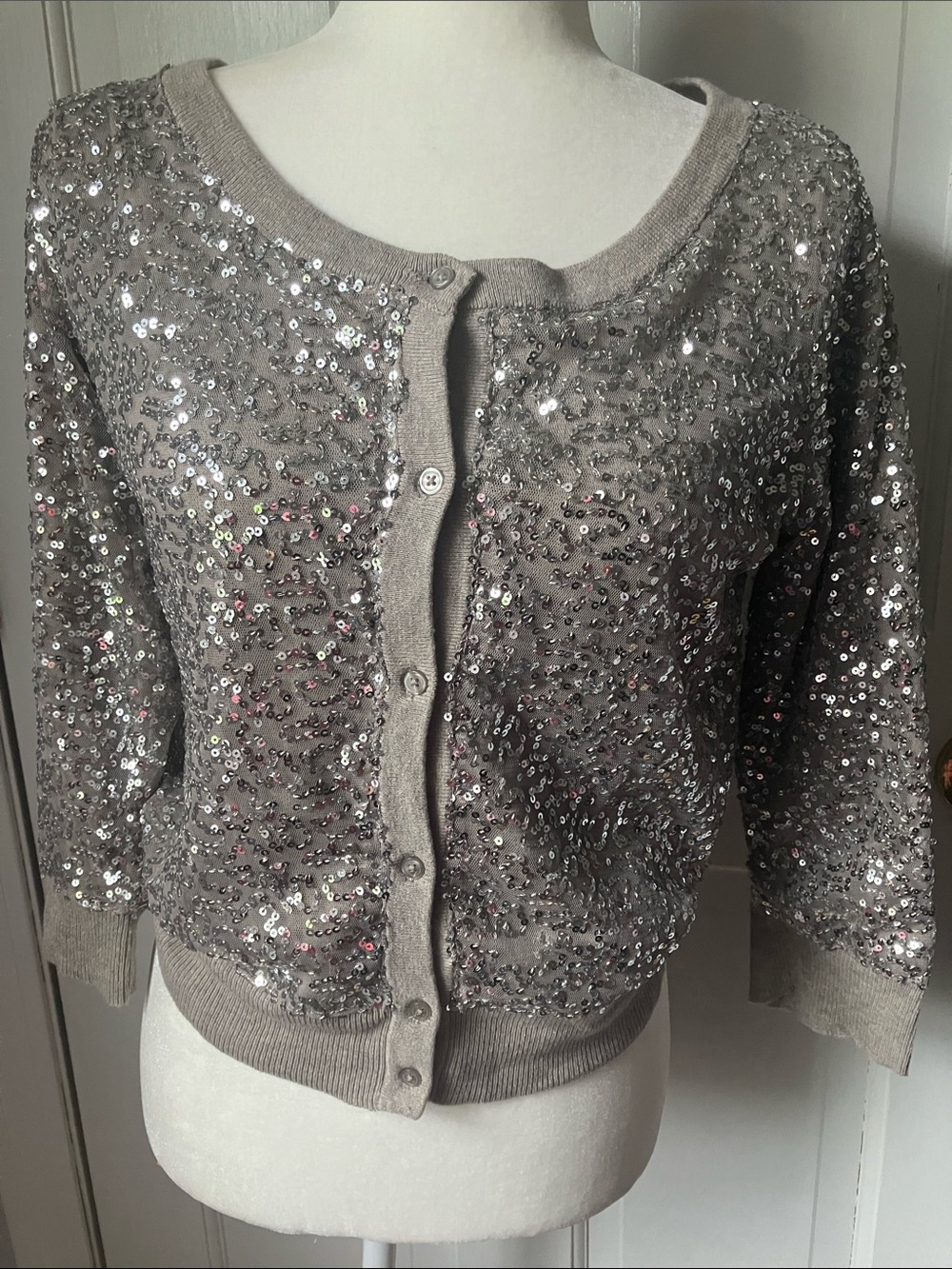 American Eagle Outfitters Silver Sequin Gray Cardigan Sweater M